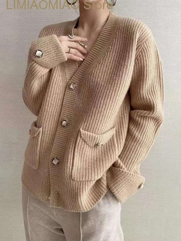 

New Winter Korean Fashion Women's Elegant Solid Pink Outerwear Pearl Button Knitted V-neck Cardigans Vintage Warm Sweater