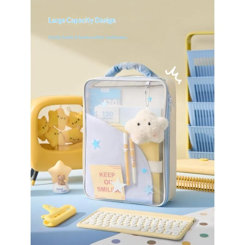 스타 핸드헬드 파일 가방 투명 다층 대용량 미적 휴대용 문서 종이 보관 가방 사무실 성인용