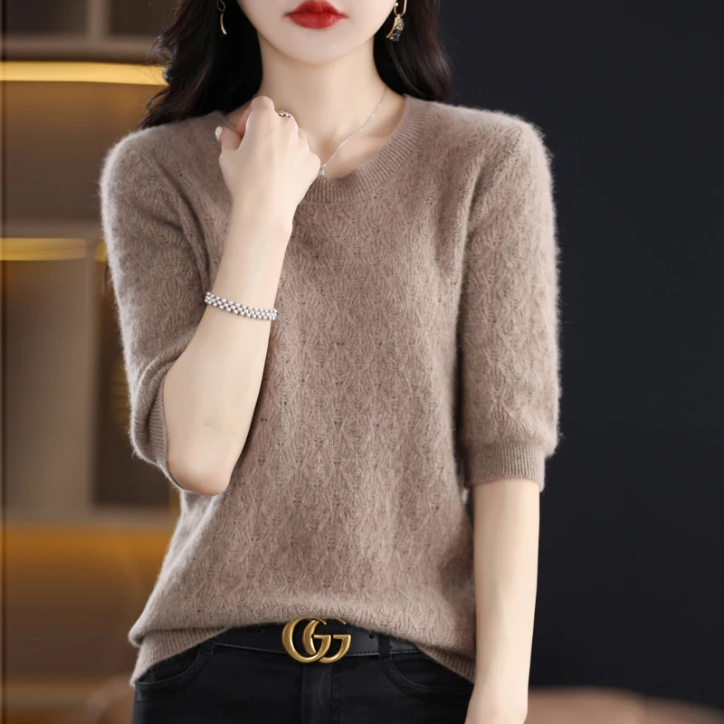Spring Autumn Women 100% Merino Wool Seamless Sweater Half Sleeve O-neck  Hollow Out Pullover Casual Knit Soft Bottoming Top