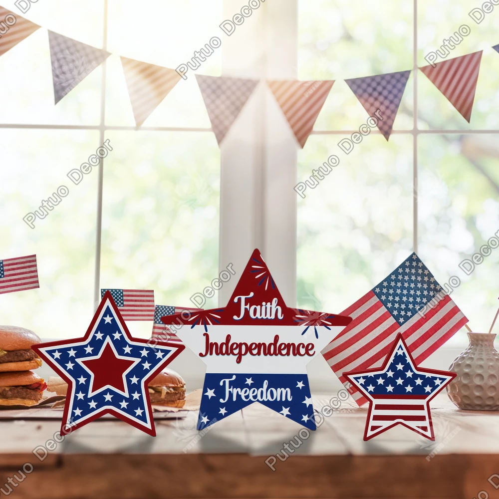 

Putuo Decor 3pc Star Shaped Wooden Table Decor, Desktop Decor for Home Farmhouse Cafe Office,Independence Day 4th of July Gift