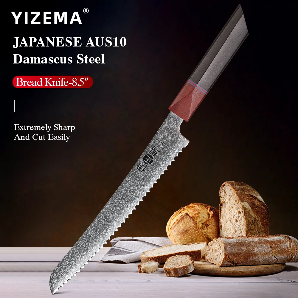 YIZEMA 8.5" Professional Serrated Bread Knife Handmade Damascus Steel Kitchen Japanese Chef Knives Cut Cheese Cake Toast Tools