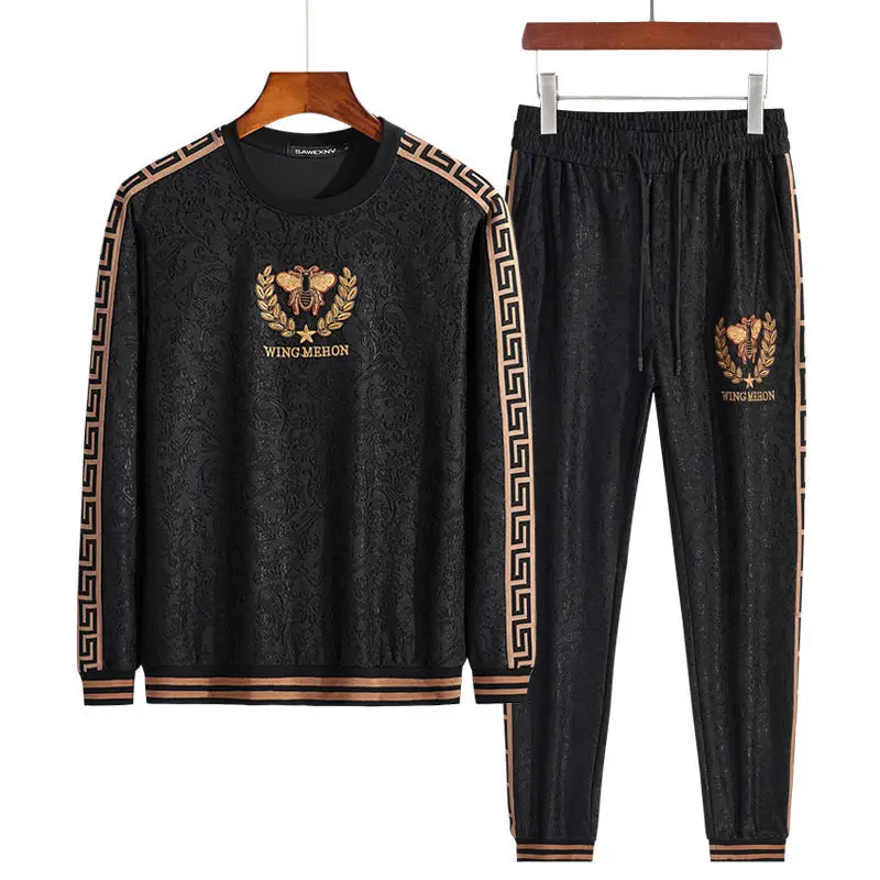 Men's Two-piece Light Luxury Embroidery Stitching Casual Suit Autumn and Winter Sweater Plus Size Korean Fashion Sports Sets