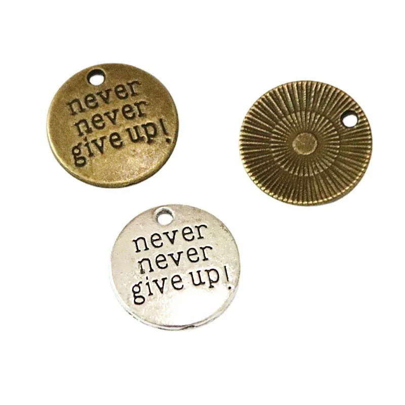 

24Pcs 20MM Antique Silver Plated Bronze Color Never Never Give Up Word Plate Handmade Charms Pendant DIY For Bracelet