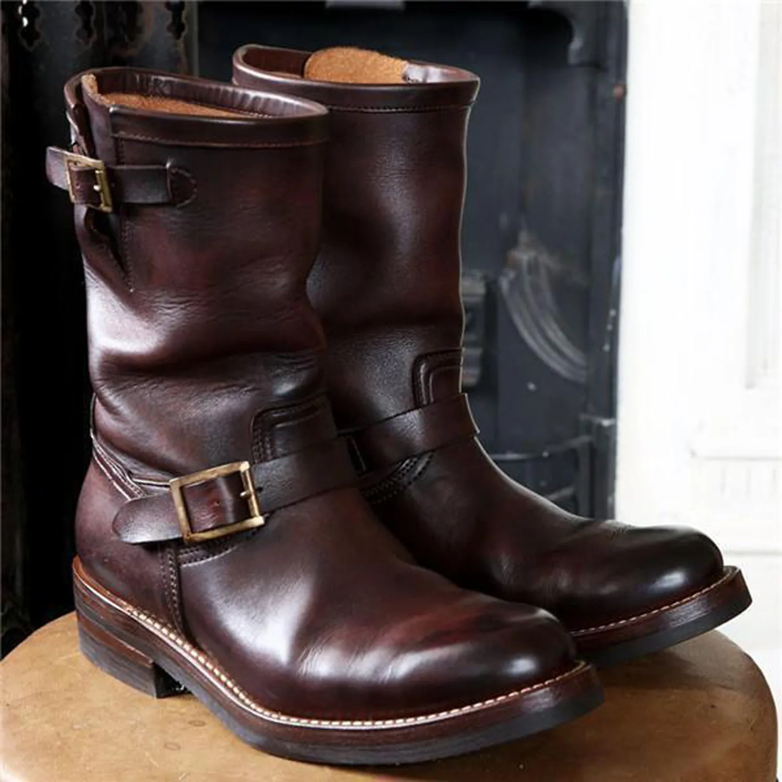 Men-Boots-Cowboy-Rider-Boots-Belt-Buckle-Square-Heel-Mid-Calf-Winter-PU ...