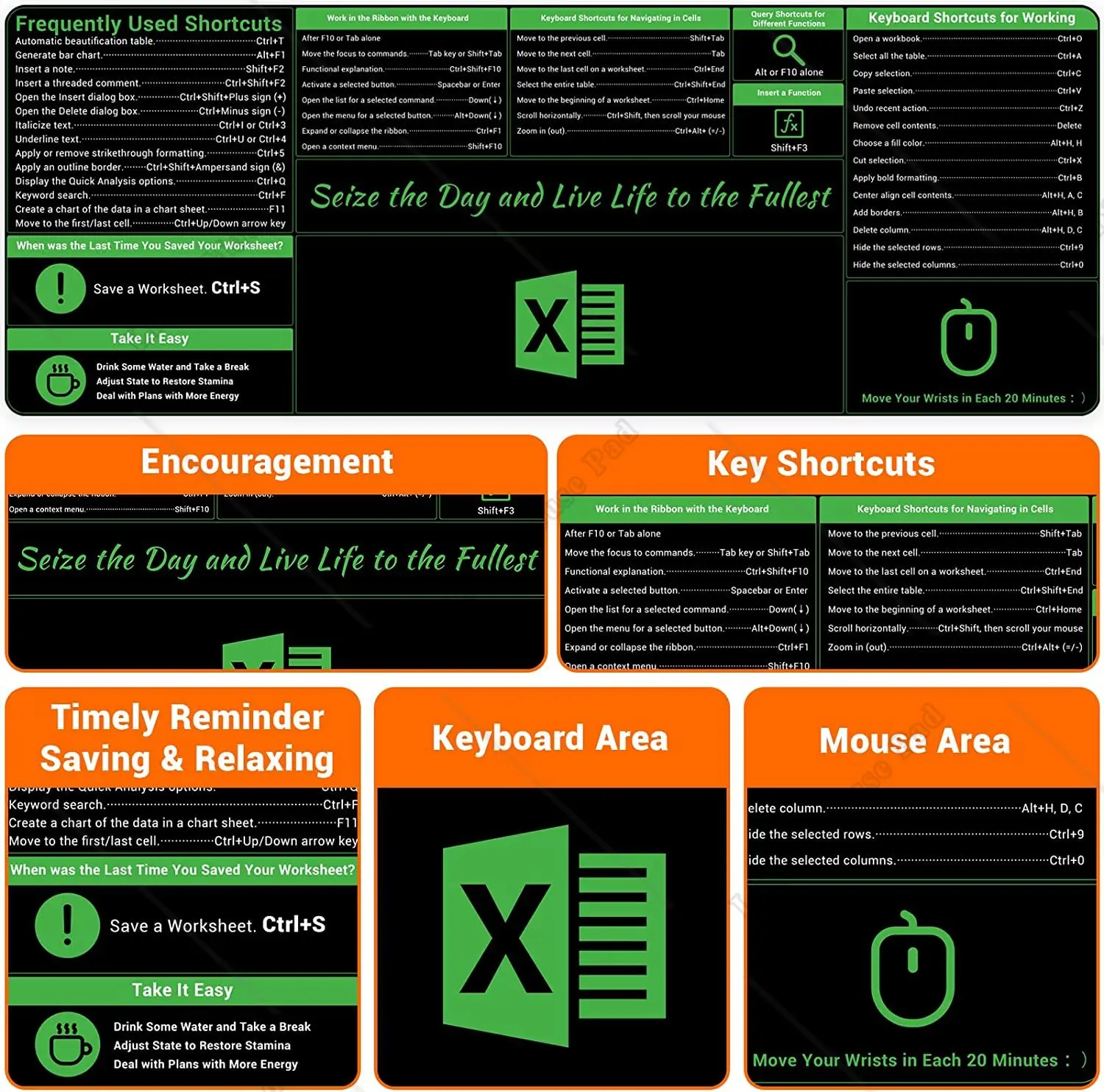 Large Excel Shortcut Mouse Pad Extended Mouse Pad with Stitched Edges Non-Slip Base Keyboard Mats for Desk, 31.5x11.8 3