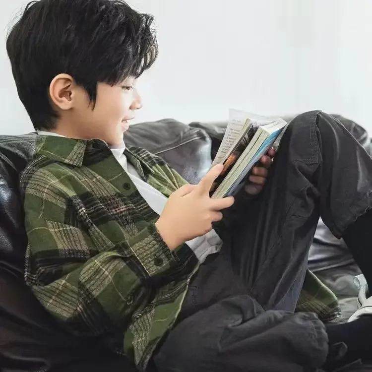 New Spring/Autumn Loose-Fit Trendy Children's Plaid Shirt Long Sleeve For Boys Fashionable Chinese Style Top