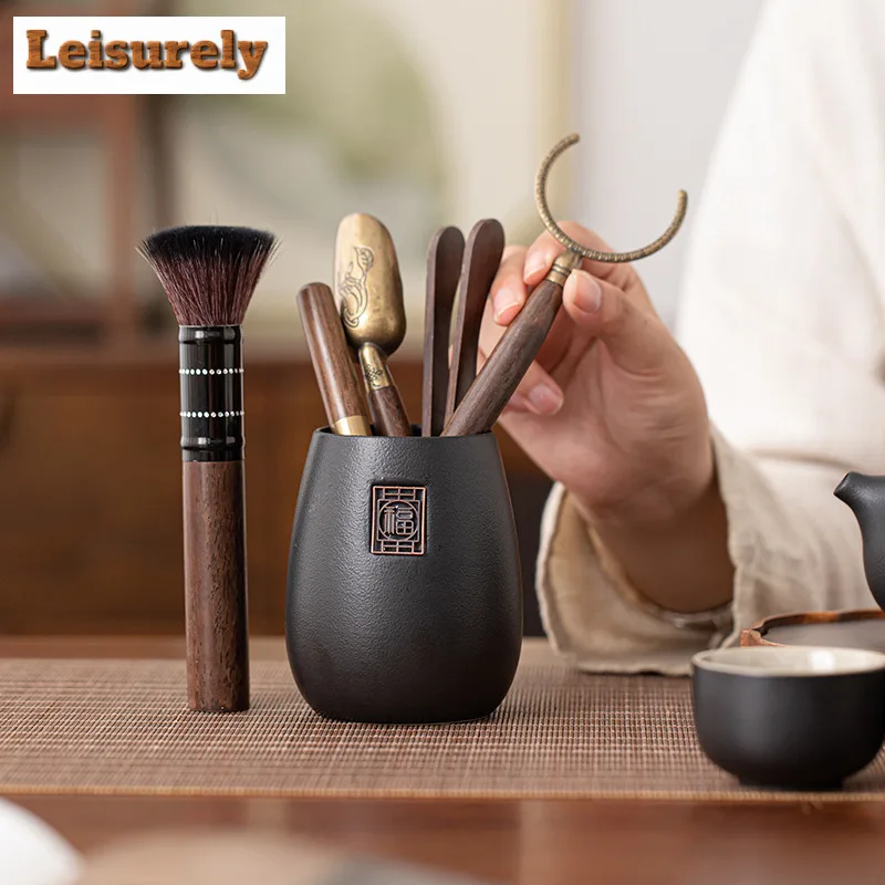 Zen Black Pottery Blessing Arrive Tea Six Gentlemen Handmade Tea Tool Canister Tea Tool Set Teaware Utensils Drinkware Craft