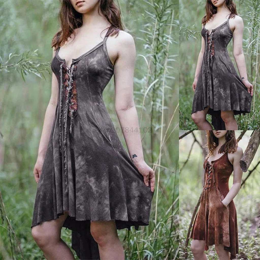 

Halloween Medieval Vintage Gothic Punk Witch Dress Slim Printed Costume Adult Women Bust Lace Up Sexy Sling Dress 5XL Plus Size