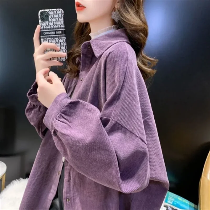 

EBAIHUI Solid Corduroy Women's Shirt Lazy Style Mid Length Ladies Blouse Autumn Loose Long Sleeve Cardigan Casual Versatile Coat