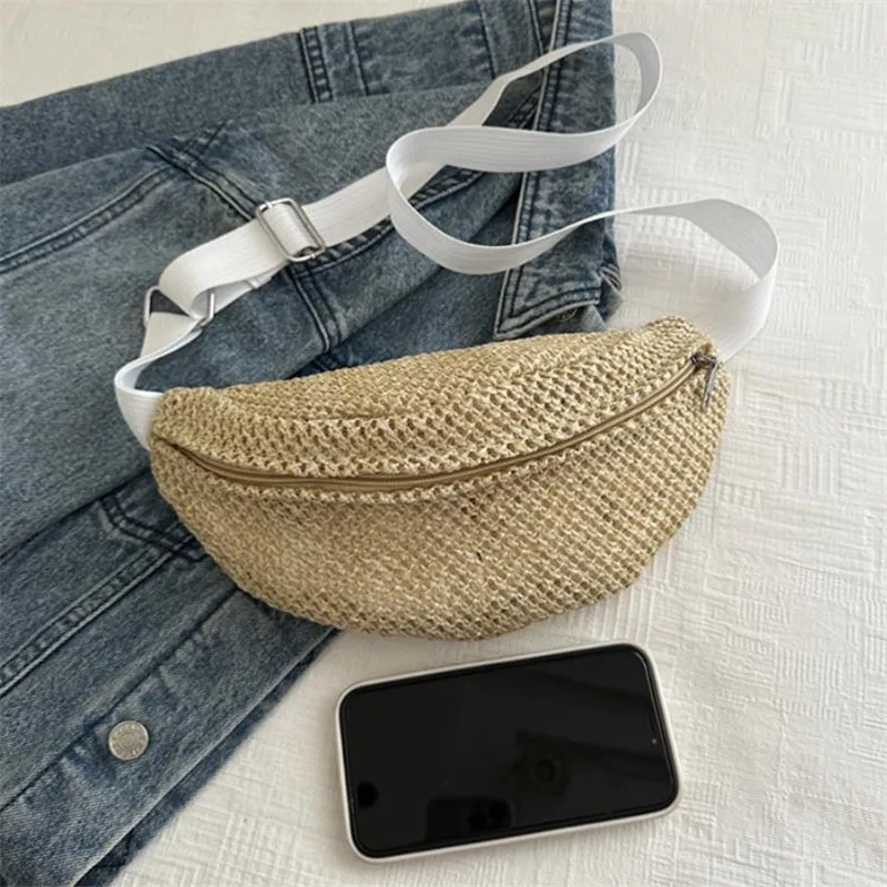 Womens Stylish Woven Chest Bag - Light Brown, Breathable Crossbody Phone Pouch, Versatile Waist Pack for Beach, Sports & Outings