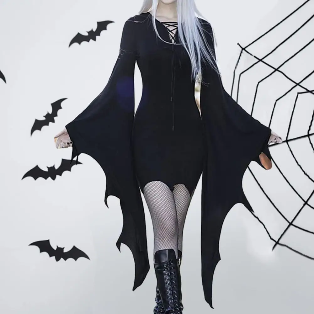 

Cosplay Costume Dress Halloween Dress Dark Style Halloween Dress with Batwing Sleeves Irregular Cuff Lace-up Detail for Party