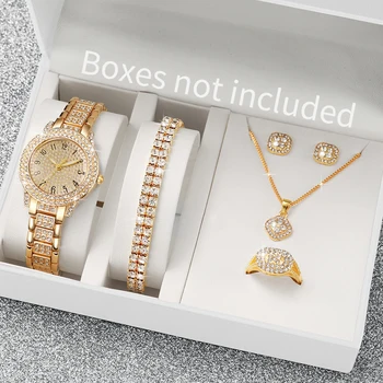 6 peças moda cheia de diamantes relógio feminino pulseira de aço dourado relógios de quartzo analógicos conjunto de joias (sem caixa) 1