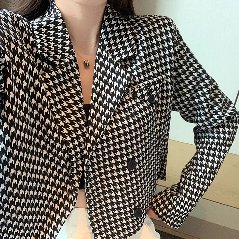 Fashion Houndstooth Blazer Suit Women Single Breasted All-Match Casual Office Blazer Office Lady 2024 New Commute Plaid Suit