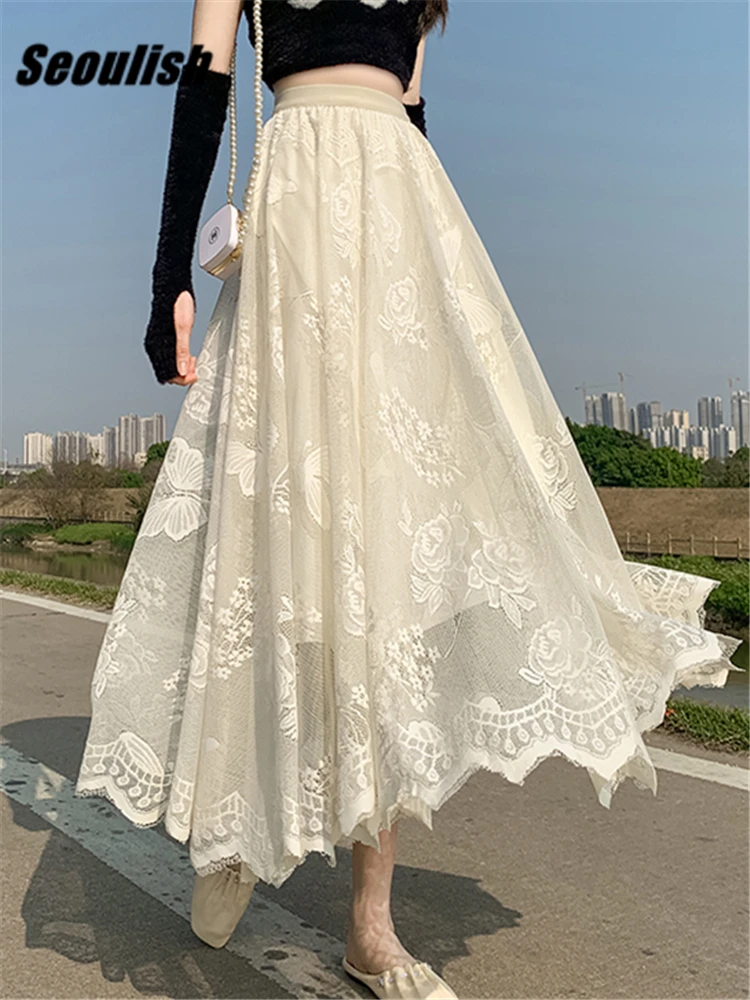 Seoulish High Waist Lace Crochet Printing Women's Party Long