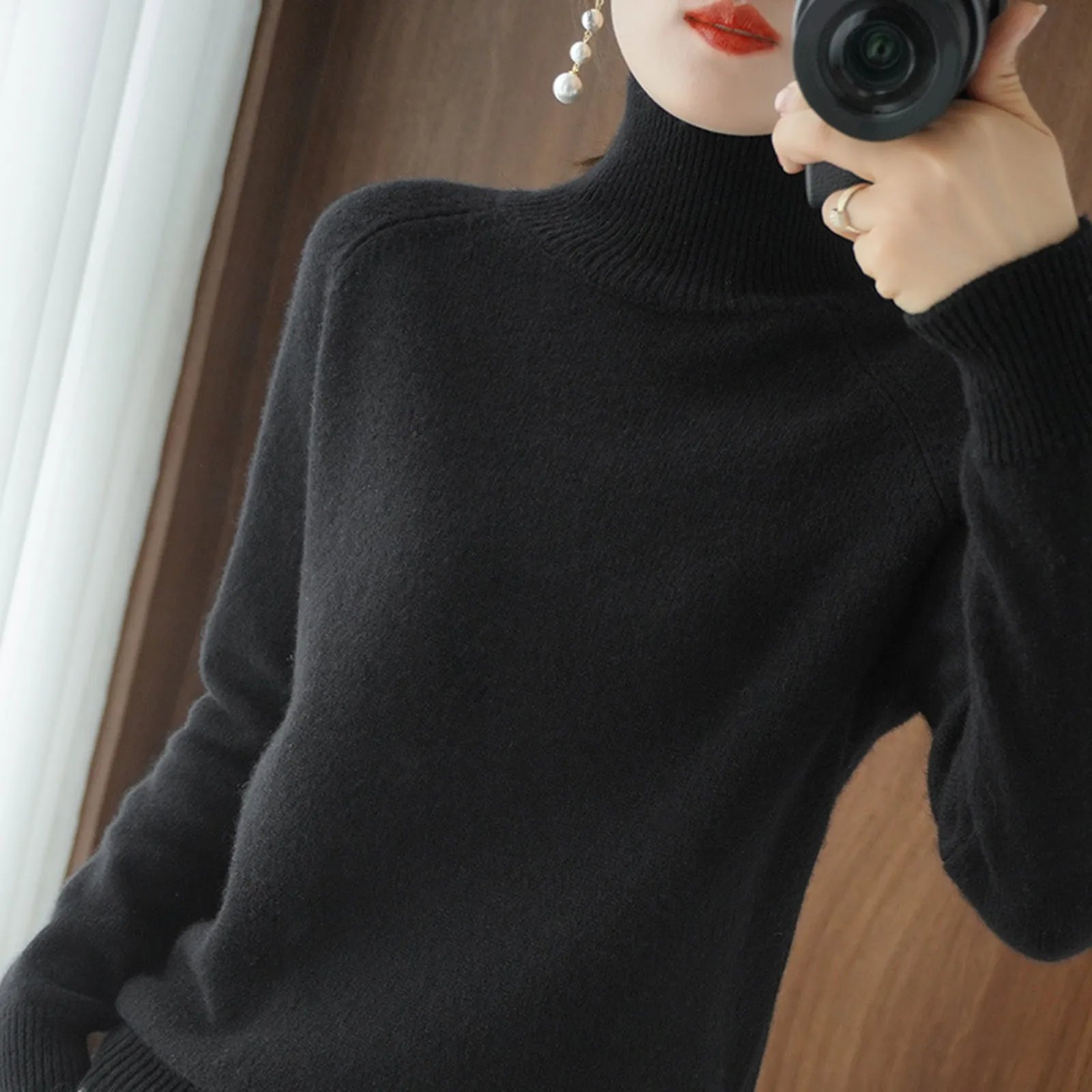 

Women Warm Turtleneck Sweater Autumn Winter Thicken Knitted Pullover Tops Soft Cashmere Long Sleeve Slim Undershirt Black Beige