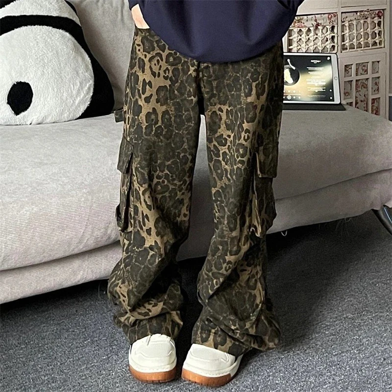 

Women's High Waisted Leopard Print Cargo Pants Neutral Style Hiphop Bottoms Young Girl Retro Casual Female Wide Leg Trousers