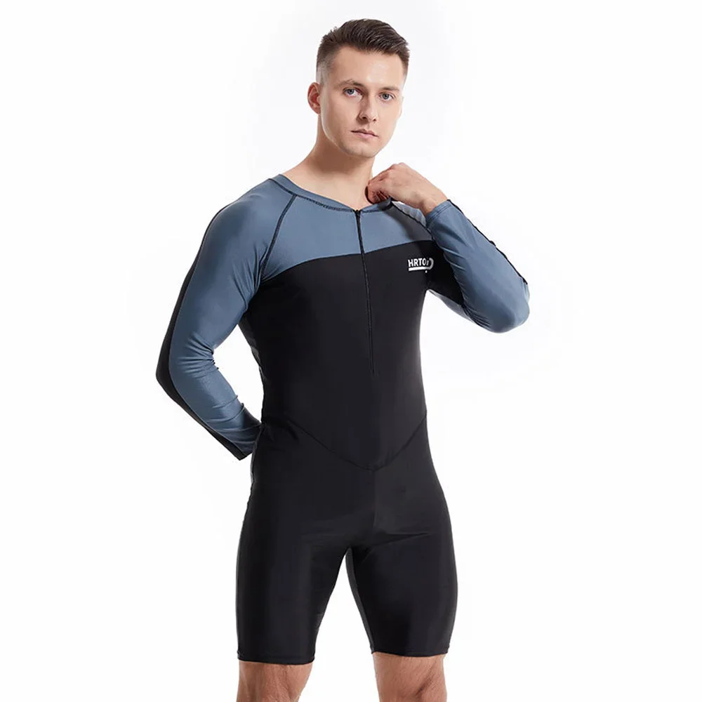 Men's Long-sleeved One-piece Swimming Suit Beach Male Shorty Quick-drying Sun Protection Zip Swimsuit Surfing Suit Water Sports