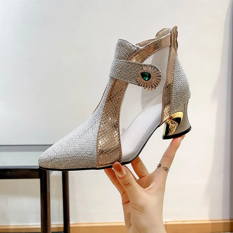 Sexy 3 colors mesh hollow lace-up back zip-up high-heel sandals boots