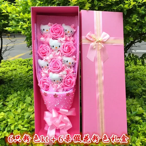 

Kt Hello Kitty плюшевый мягкий букет с искусственной куклой ручной работы, милый цветок мыла, роза, букет цветов на день рождения