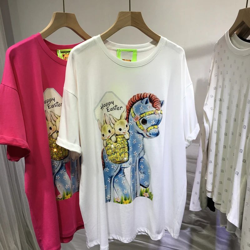 

2023 New Spring Summer All-match Loose Age Reduction Women T-shirt Pullover Top Sequins Cartoon Printed Mid-long Casual Tees