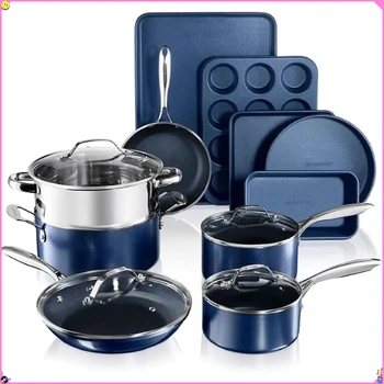 15-Piece Diamond-Coated Blue Non-Stick Cookware Set 1