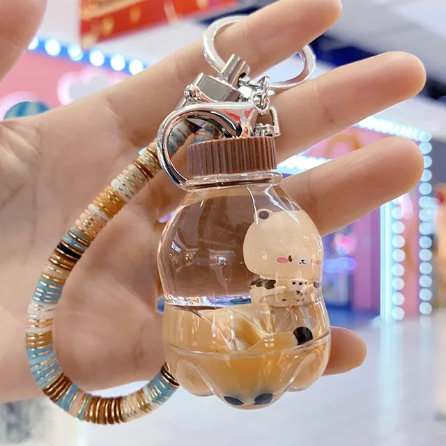 Cartoon Black Milk Tea Cute Girl Floating Liquid Keychain For Bag Pendant  Mug Drink Bottle Keyring Key Charm Gift x337