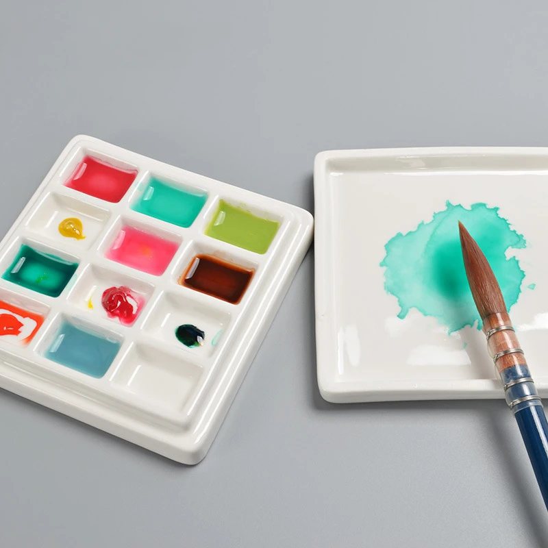 Ceramic Color Palette with Cover 12 Grids Painting Multifunctional Paint Palette Color Mixing Watercolor Moisturize
