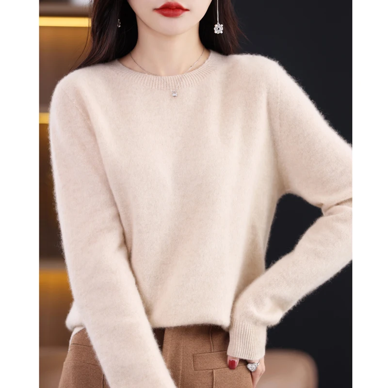 

Fashionable Round Neck Sweater 2024 Spring New Pullover Base Sweater Long Sleeved Warm 100% Pure Wool Soft