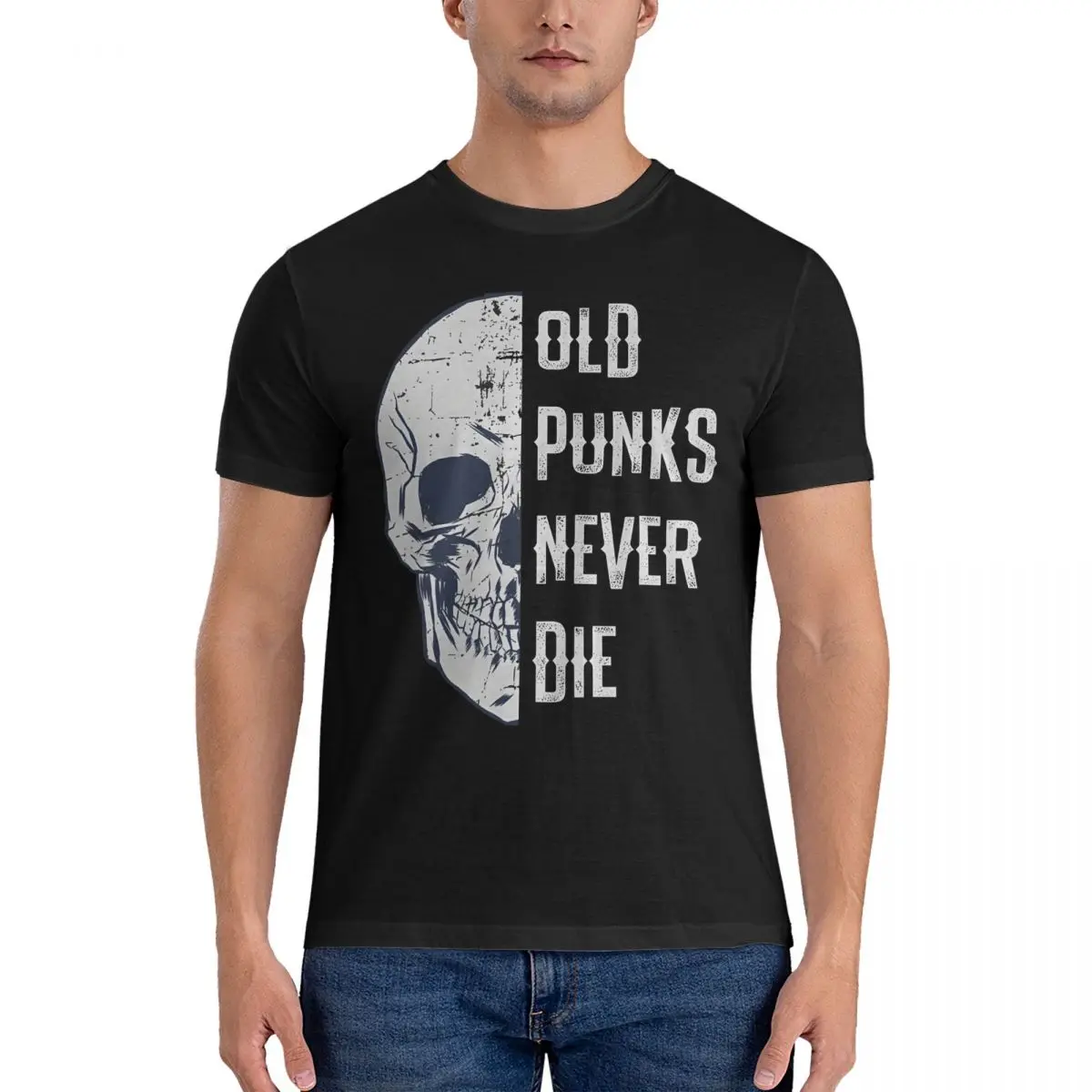 thumbnail image 1 of Camisetas vintage de calavera punk rockera, camisetas de algodón puro con cuello redondo, camisetas de manga corta con la frase "Old Punks Never Die", idea de regalo., 1 of 6