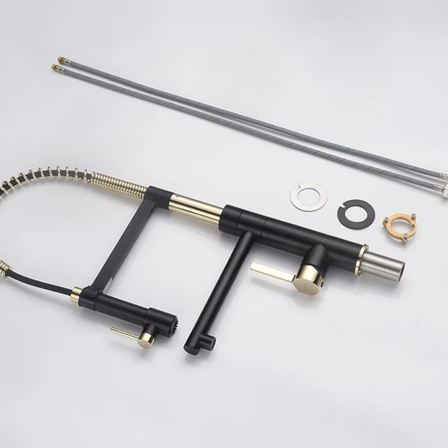 ก๊อกน้ำทองเหลืองแบบติดตั้งบนเคาน์เตอร์ทรงสูง ดีไซน์คลาสสิกสไตล์วินเทจ พร้อมหัวฉีดแบบดึงลง สำหรับอ่างล้างจานแบบ 1 รู 6