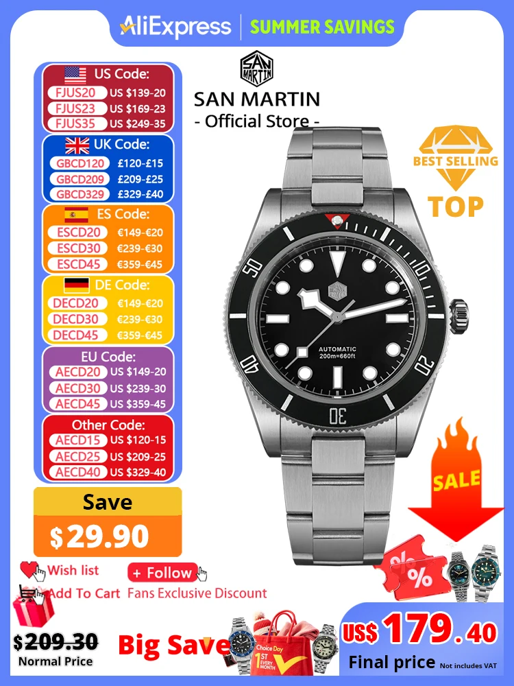 San Martin mejorado BB58 40mm Retro lujo hombres Reloj de buceo NH35 zafiro mecánico automático 200m impermeable Reloj SN0008D