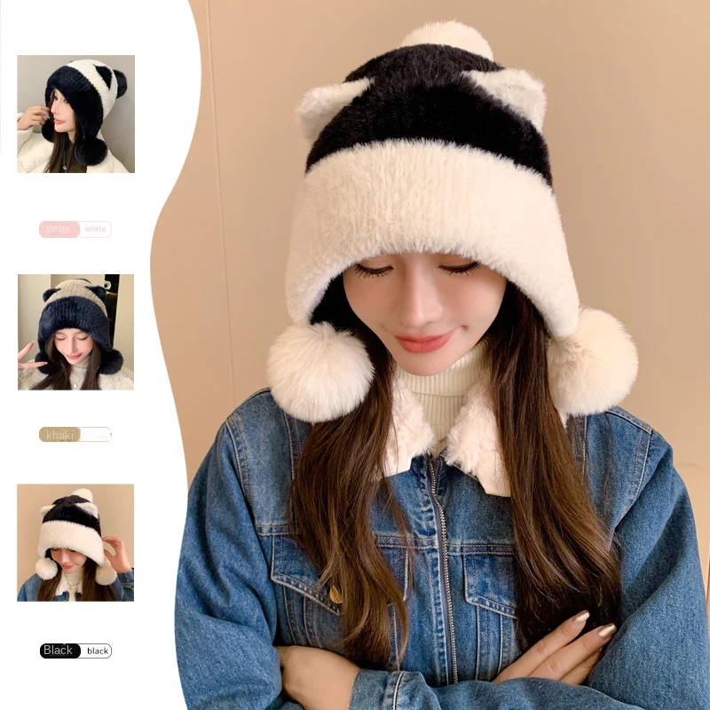 

Cute Panda Ear Plush Hat, Winter Dome Wide Eave Thickened Warm Ear Protection Hat, Korean Women Versatile Premium Knitted Hat
