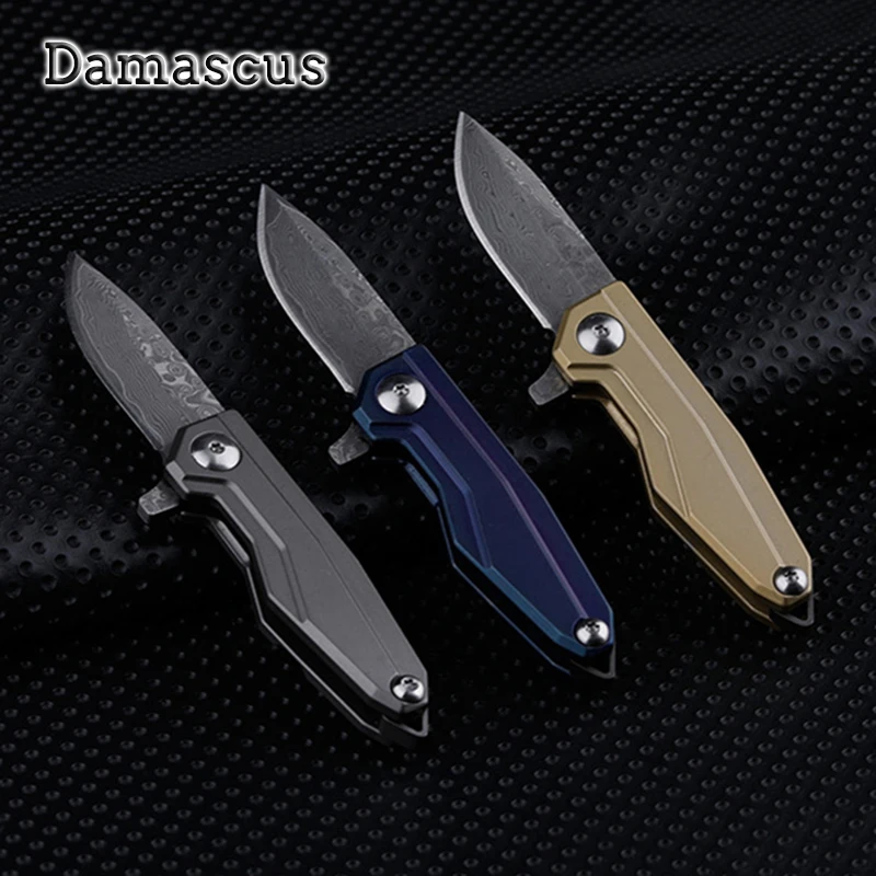 

Damascus Folding Knife Titanium Handle D2 High Hardness EDC Keychain Express Pocket Knife Mini Outdoor Survival Camping Gift Too