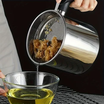 Contenitore per filtro olio in acciaio inossidabile 1.4L 304 Utile contenitore per bottiglia con filtro per residui di padella per olio da cucina con filtro 1