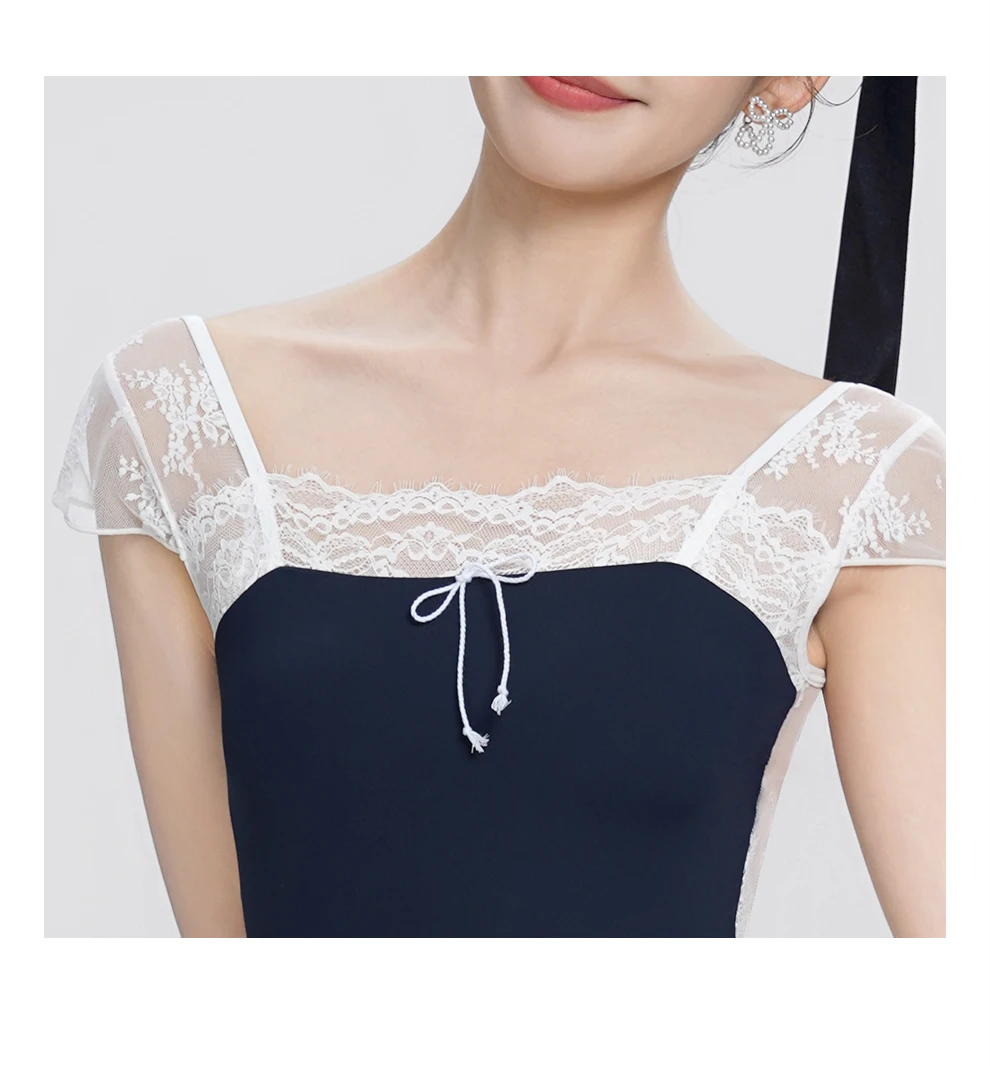 Damen Ballett-Trikots aus Nylon mit Kurzen Ärmeln, Tanz- und Gymnastik-Bodysuits mit Blumenmuster und Spitzenbesatz, Dehnbare Erwachsenen-Ballerina-Trikots – Detail 8