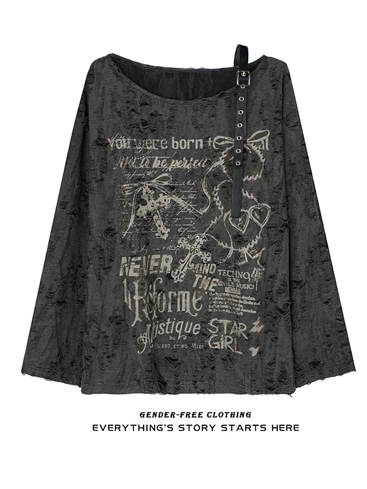 Vintage Y2K Oversized Off-Shoulder Hip Hop T-Shirt - Baggy Long Sleeve Womens Top