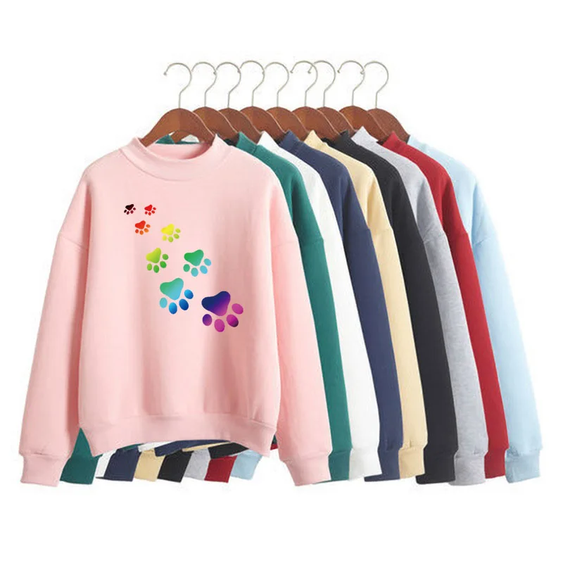 

Colorful Cat Paws Print Women Sweatshirt Sweet Korean O-neck Knitted Pullover Thick Autumn Winter Candy Color Lady Clothing