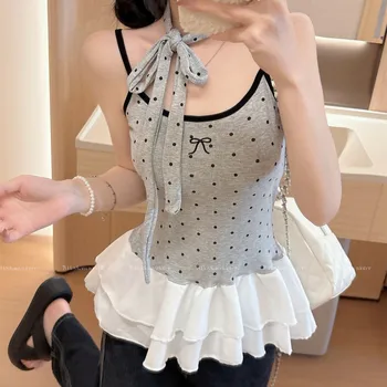 Top a Canotta con Fiocco a Pois, Stile Spicy Girl con Bordo Arricciato e Dettagli Stratificati