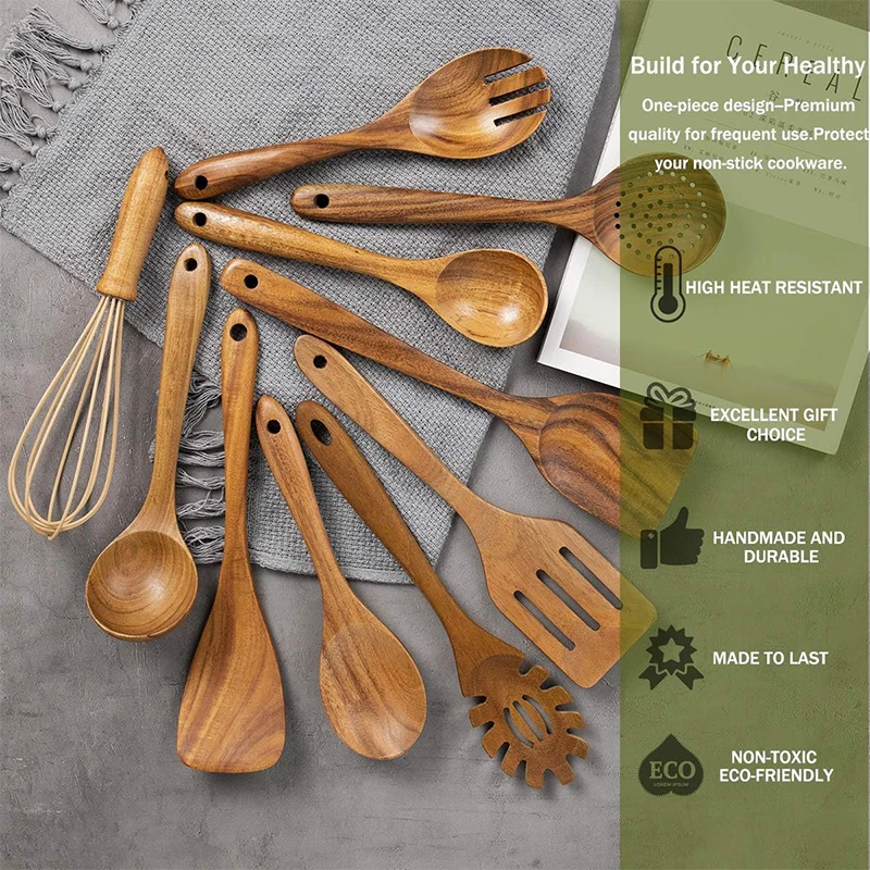 LMETJMA 10 Pack Natural Teak Wooden Kitchen Utensil Set Wooden Spoons Spatula Cooking Utensil Set For Cooking Baking JT503