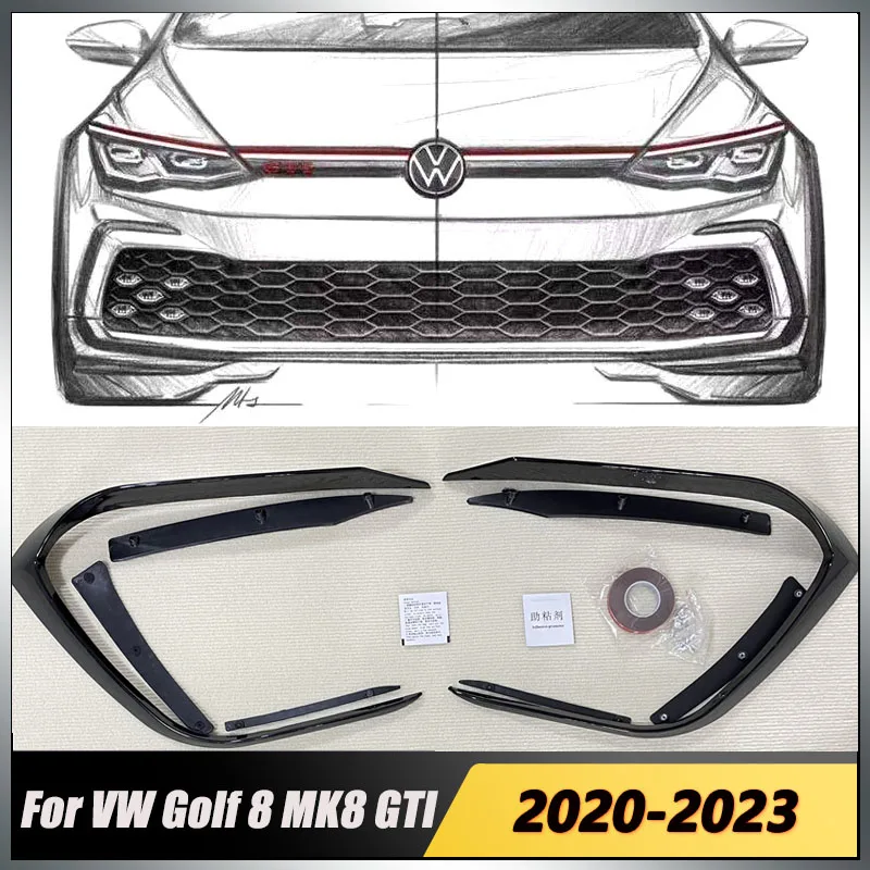 

For VW Golf 8 MK8 GTI 2020 2021-2023 Front Bumper Fog Light Lower Grille Frame Spoiler Splitter Car Modification ABS Gloss Black