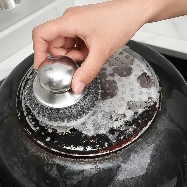 Brosse de cuisine en acier inoxydable, avec poignées, boule métallique pour la vaisselle, épurateur métallique robuste, outil de nettoyage de casserole domestique, 5/1 pièces 3