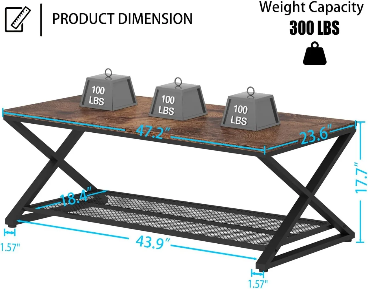 Coffee Table with Storage,Industrial Wood Metal 2 Tier Center Living Room Table with Mesh Shelf 2