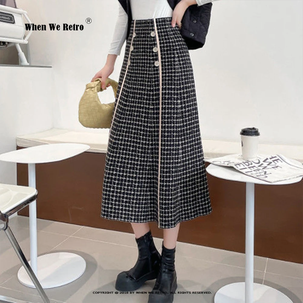 

Chic New Tweed Skirts for Women Solid High Waist Winter Skirts Autumn Spring A Line Double Breasted Wool Long Skirt RS038