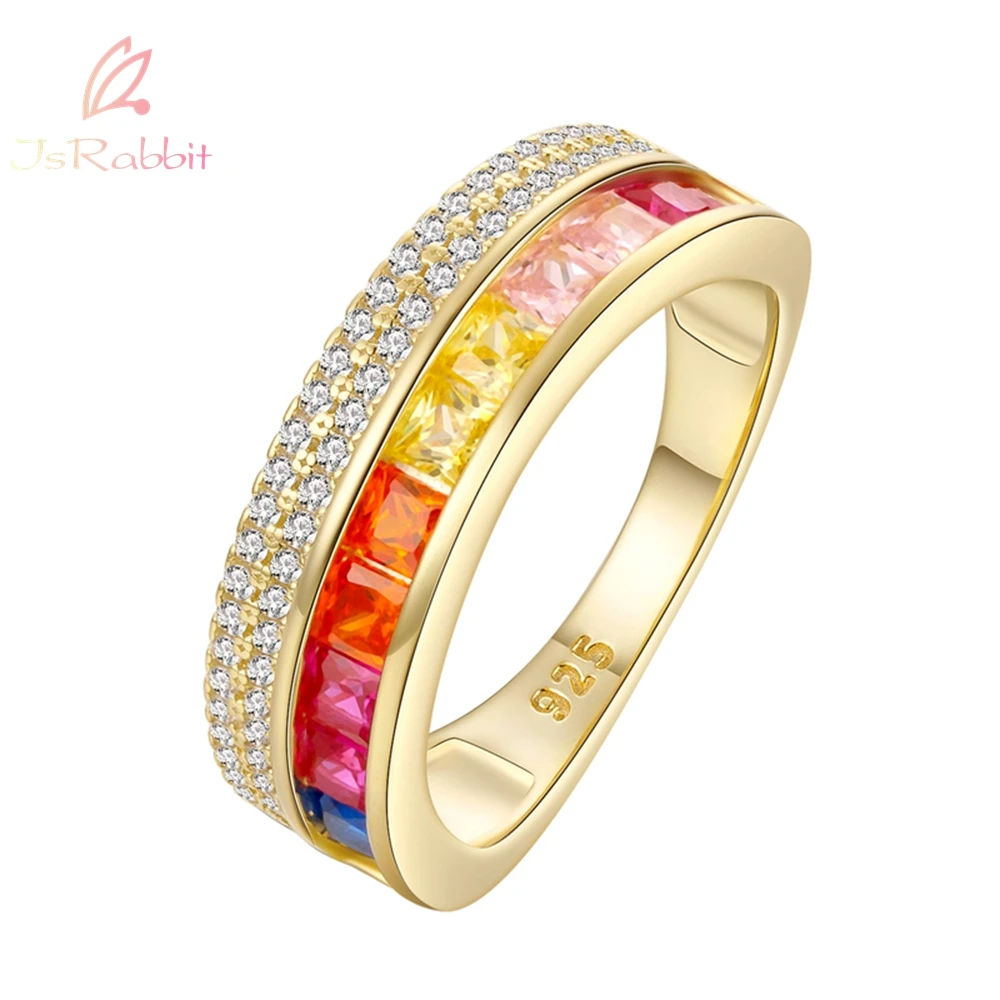 

IsRabbit 18K Gold Plated Bohemia Created Moissanite Rainbow Sapphire Anniversary Rings 925 Sterling Silver Jewelry Drop Shipping