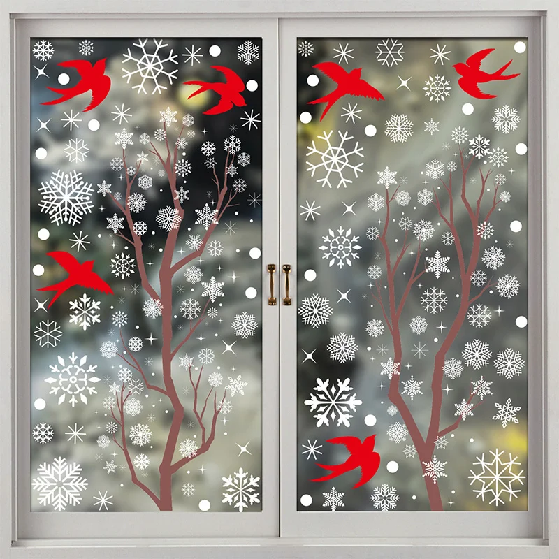 Christmas Winter Wall Stickers Snowflake Tree Branch Hummingbird Window Glass Sticker Merry Christmas Decor Happy New Year