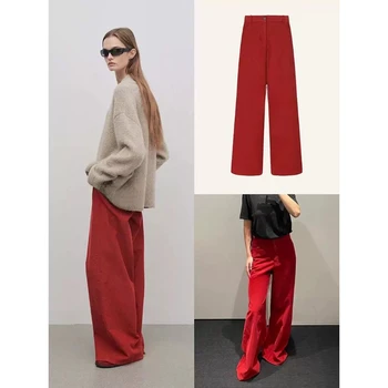 LUXURY Red Corduroy Wide Leg Pants for Women, Floor Length Casual Pants, Loose and Slimming, Minimalist, 2024 Autumn and Winter 1