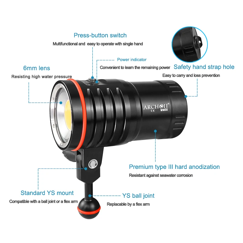 DM60 12000lm Scuba diving video light Diving robot lighting torch Underwater 100m Dive video shooting Dive photography fill lamp