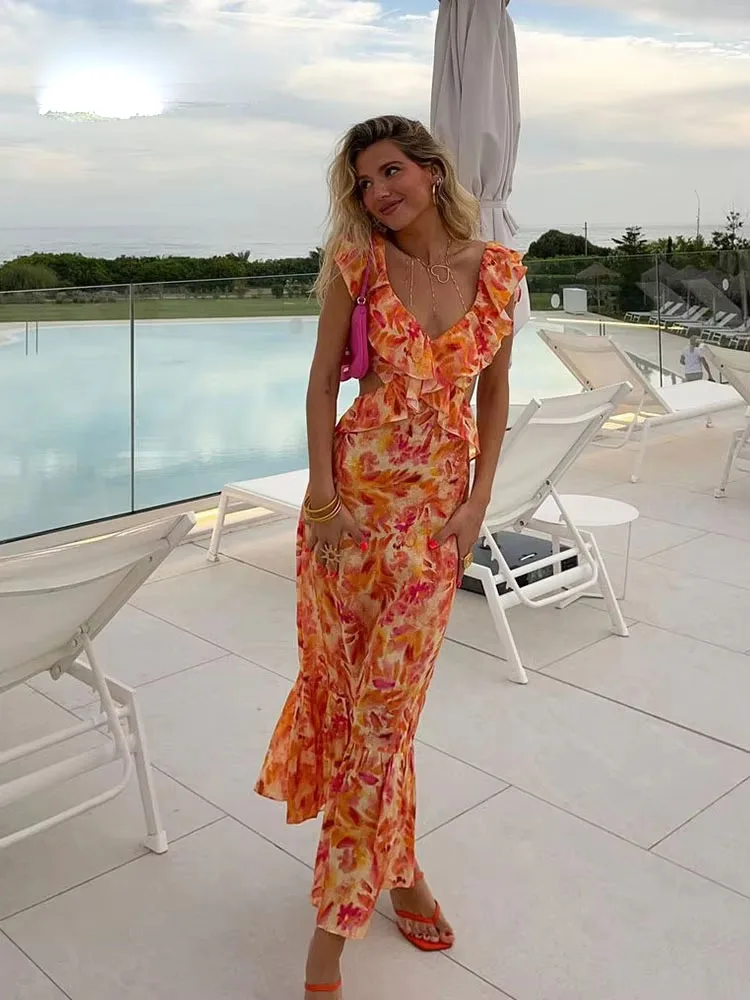 chinese dress ladies IZA ORANGE COWL MAXI DRESS  OFUURE