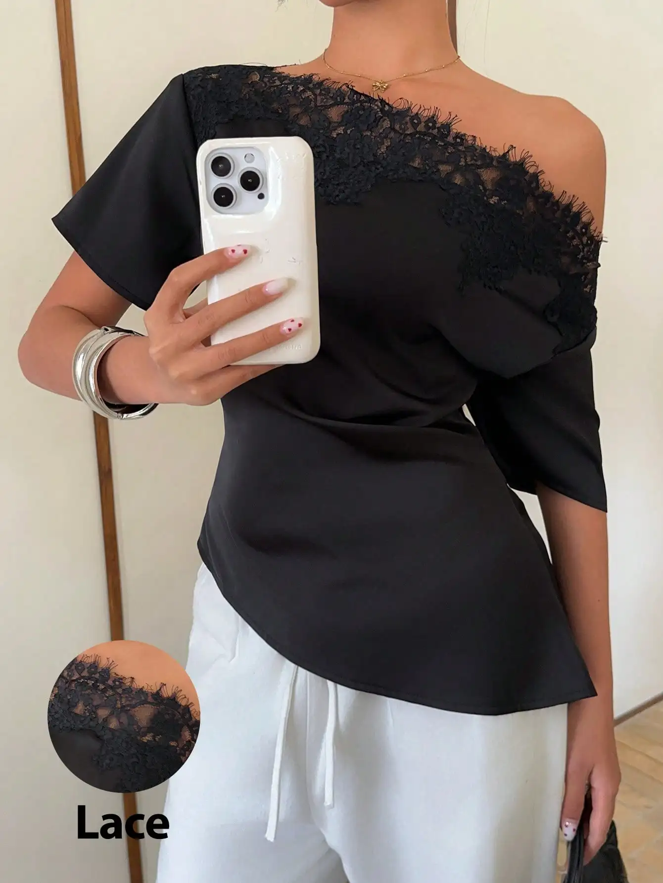 Sommermode Neuheit: Spitzen-Patchwork Asymmetrisches Top mit Unregelmäßiger Taille, Glamouröses Satin-Oberteil in Unifarbe mit Kurzen Ärmeln