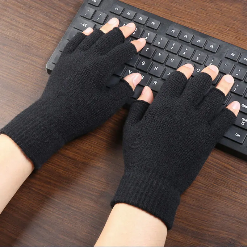 

1Pairs Winter Woolen Knitting Fingerless Gloves Half Finger Gloves Women Men Jacquard Stretch Knit Writing Office Driving Gloves